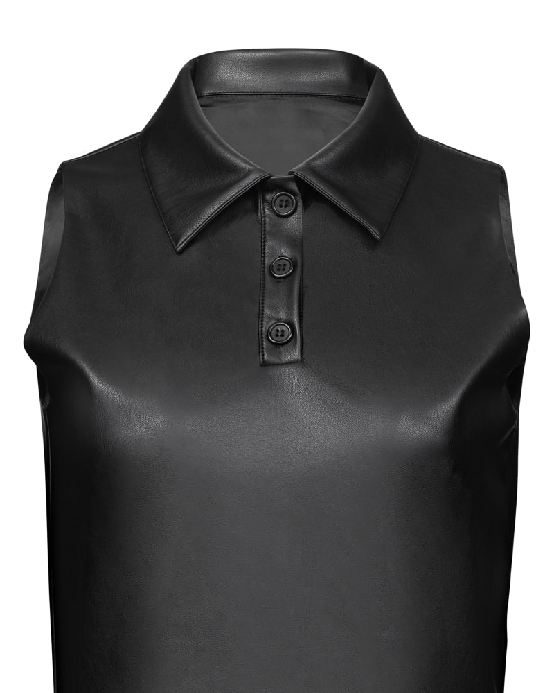 Front of a size 3X Leather Sleeveless Polo in Black by Hilary MacMillan. | dia_product_style_image_id:233128